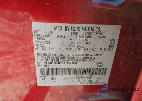 2010 Lincoln Mkx z USA, uszkodzony, nr VIN 2LMDJ6JC0ABJ21881